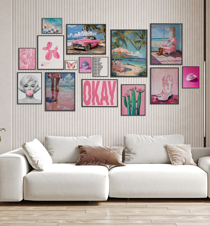 Bright and vibrant BOOTS ON THE BEACH GALLERY WALL at Asian Monk, featuring art of a pink car and tranquil ocean scenes.