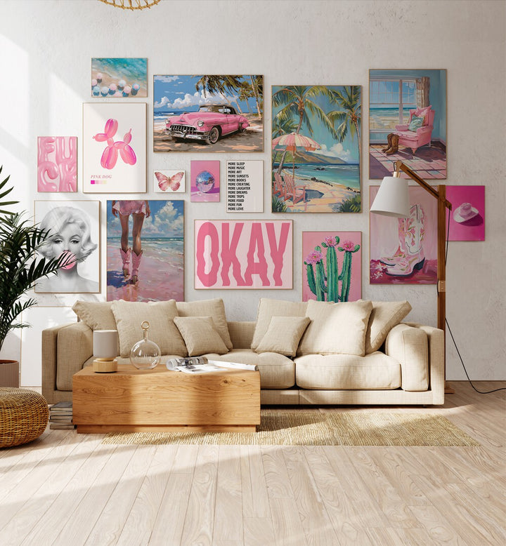 Stylish BOOTS ON THE BEACH GALLERY WALL at Asian Monk features vibrant art, including a pink car and ocean vibes.