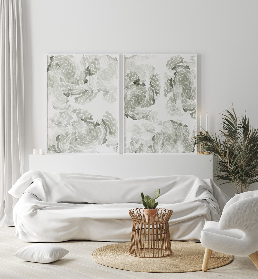 Elegant BOTANIC DRIFT SET, SET OF 2 PAINTINGS enhancing a modern living space with nature-inspired designs.
