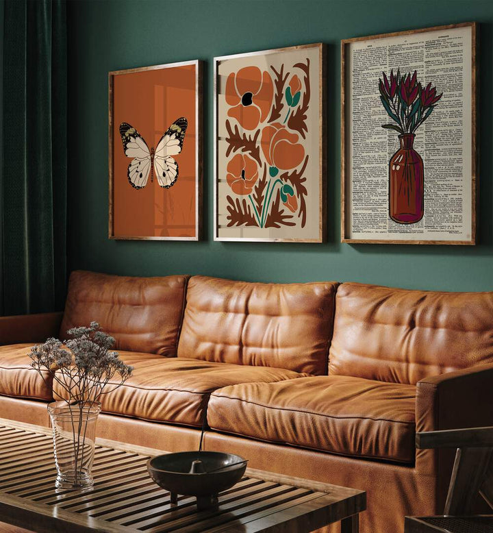 Stylish BOTANICAL SET, SET OF 3 PAINTINGS enhancing a cozy living room with nature-inspired art. Perfect for home decor.