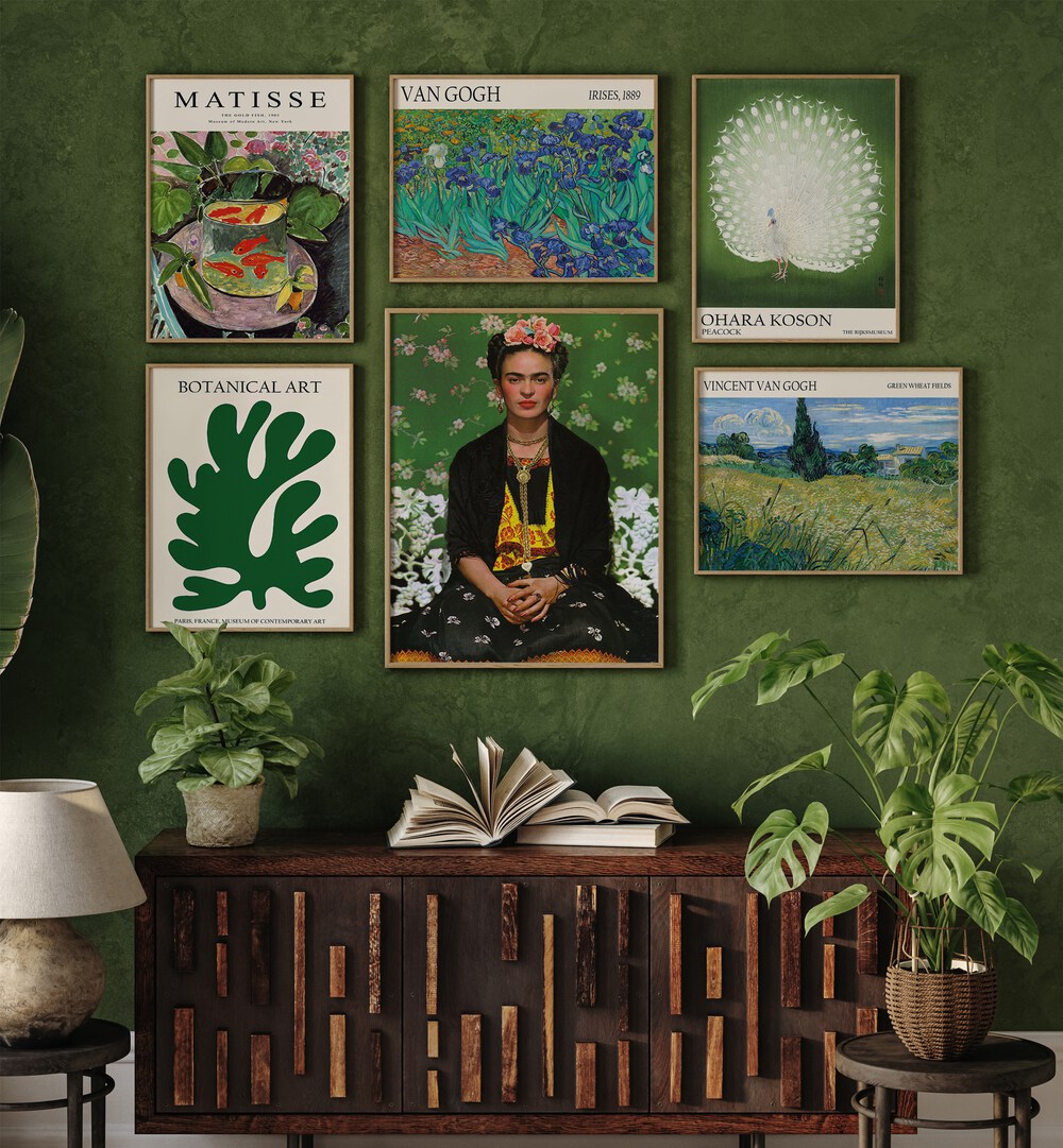 Stunning BOTANICAL MIX GALLERY WALL showcasing framed art by Matisse and Van Gogh, perfect for elegant GALLERY WALLS.