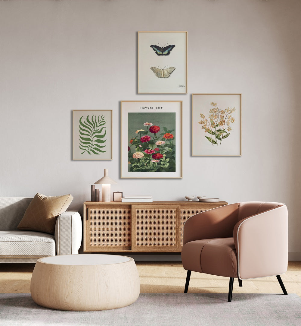 Showcasing the BOTANICAL X GALLERY WALL, this elegant arrangement adds charm to any living room decor with vibrant framed prints.
