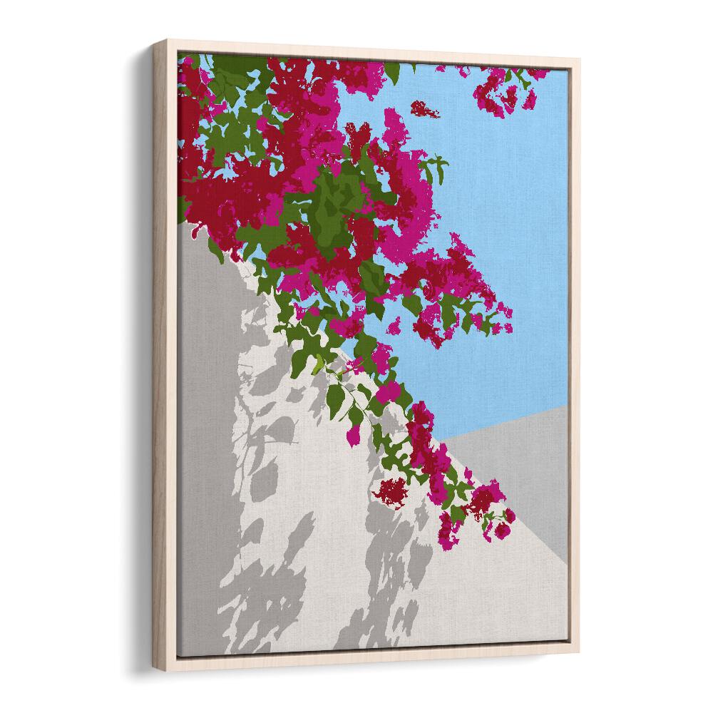 Vibrant BOUGAINVILLEA BLOSSOM, FLORAL FLOWER PAINTINGS by Uma Gokhale in an elegant oak floater frame.