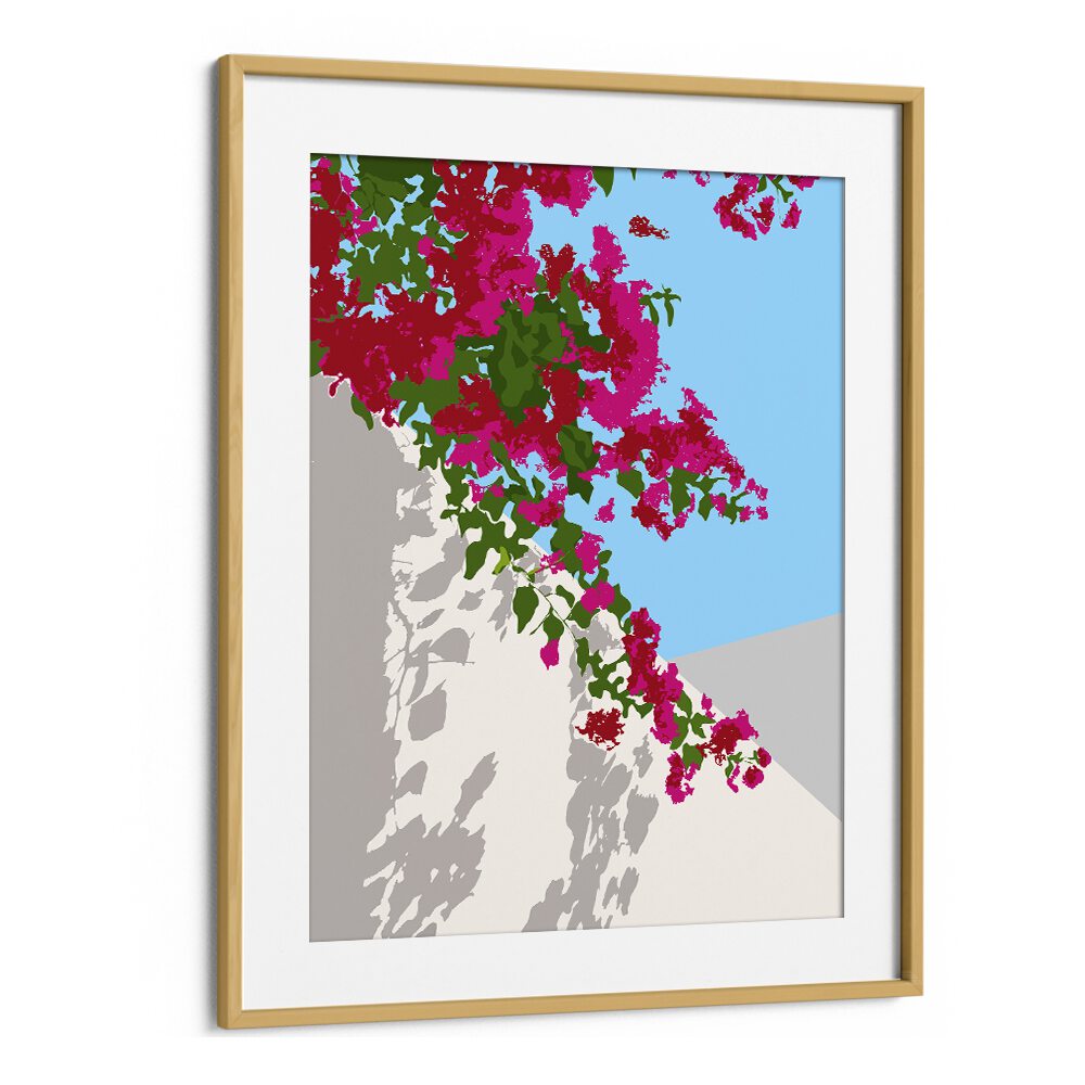 Vibrant BOUGAINVILLEA BLOSSOM, FLORAL FLOWER PAINTINGS by Uma Gokhale in elegant oak frame, perfect for any decor.