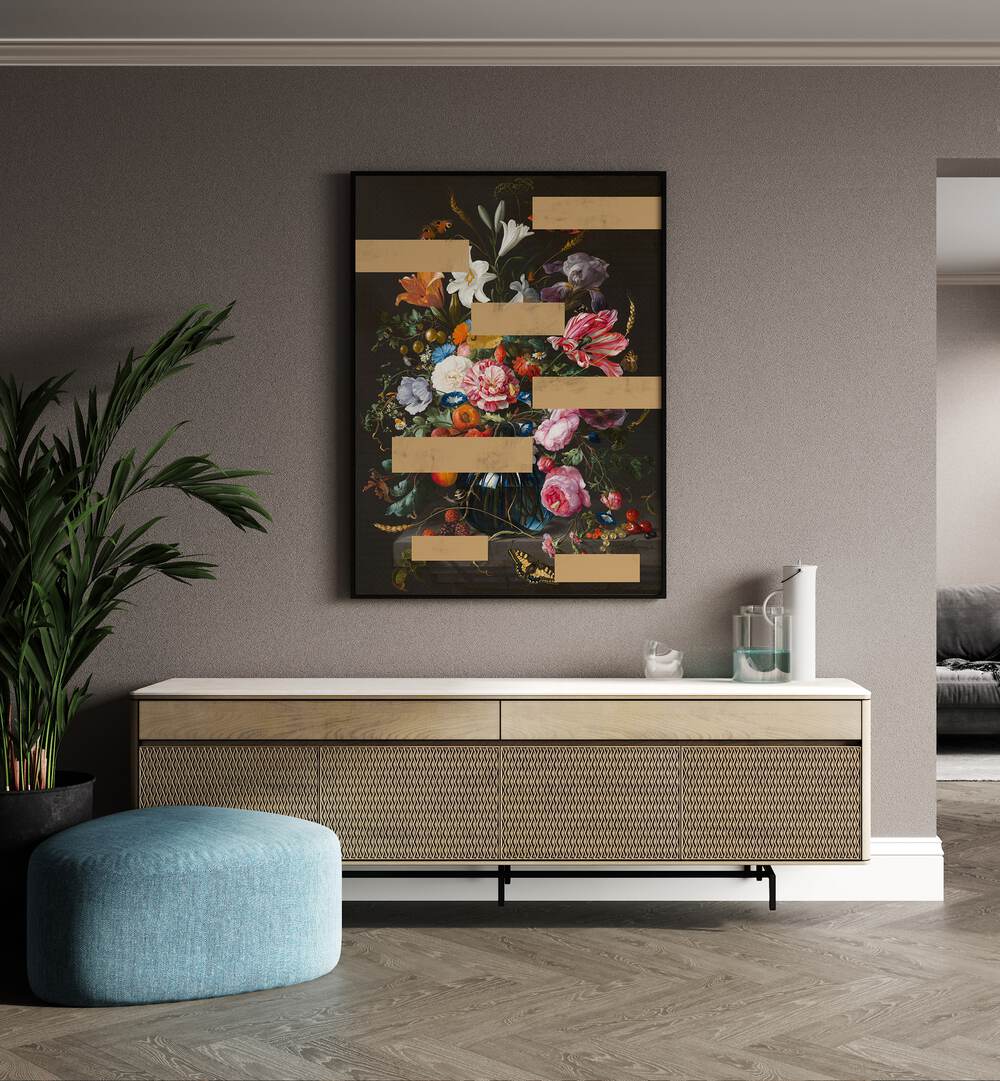 Stunning BOUQUET OF VINTAGE OIL, ALTERED ART PRINTS displayed in a modern living space, enhancing decor elegance.