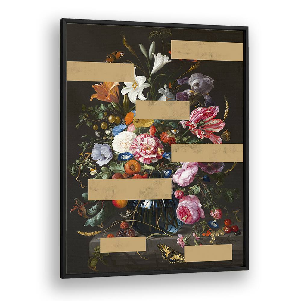 Bouquet of Vintage Oil, altered art prints featuring vibrant flowers in a sleek black frame by The Art Concept.