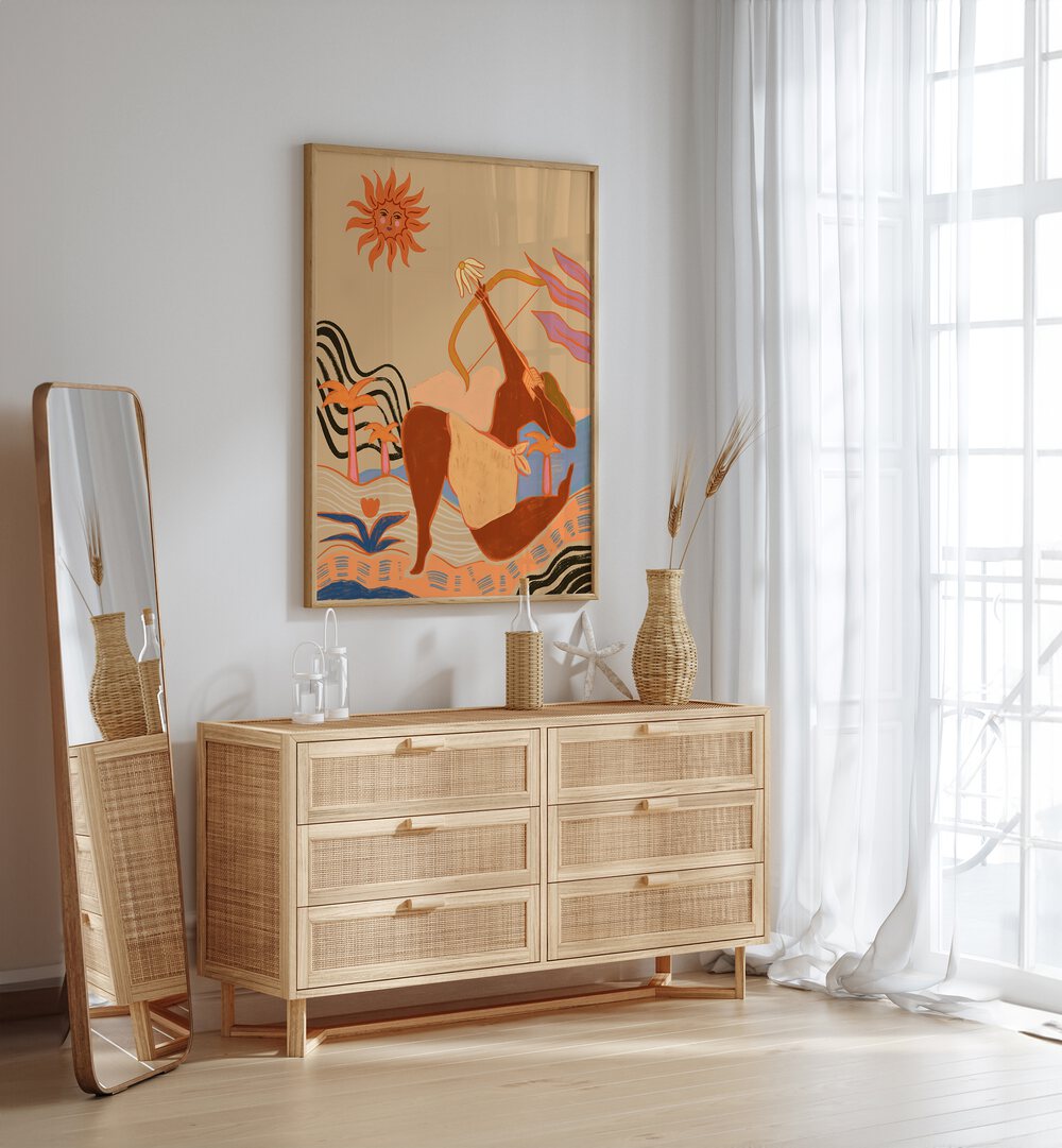Bow And Arrow By Arty Guava Wall Art Prints in Oak Wood Plain Frame placed on a White Colored Wall above a Console Table in the Drawing Room
