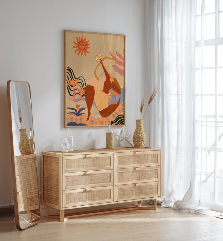Bow And Arrow By Arty Guava Wall Art Prints in Oak Wood Plain Frame placed on a White Colored Wall above a Console Table in the Drawing Room