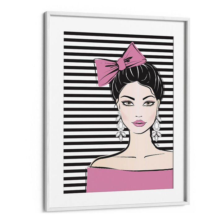 Stylish BOW GIRL FASHION POSTERS by Martina, featuring a chic woman with a pink bow and striking black stripes.