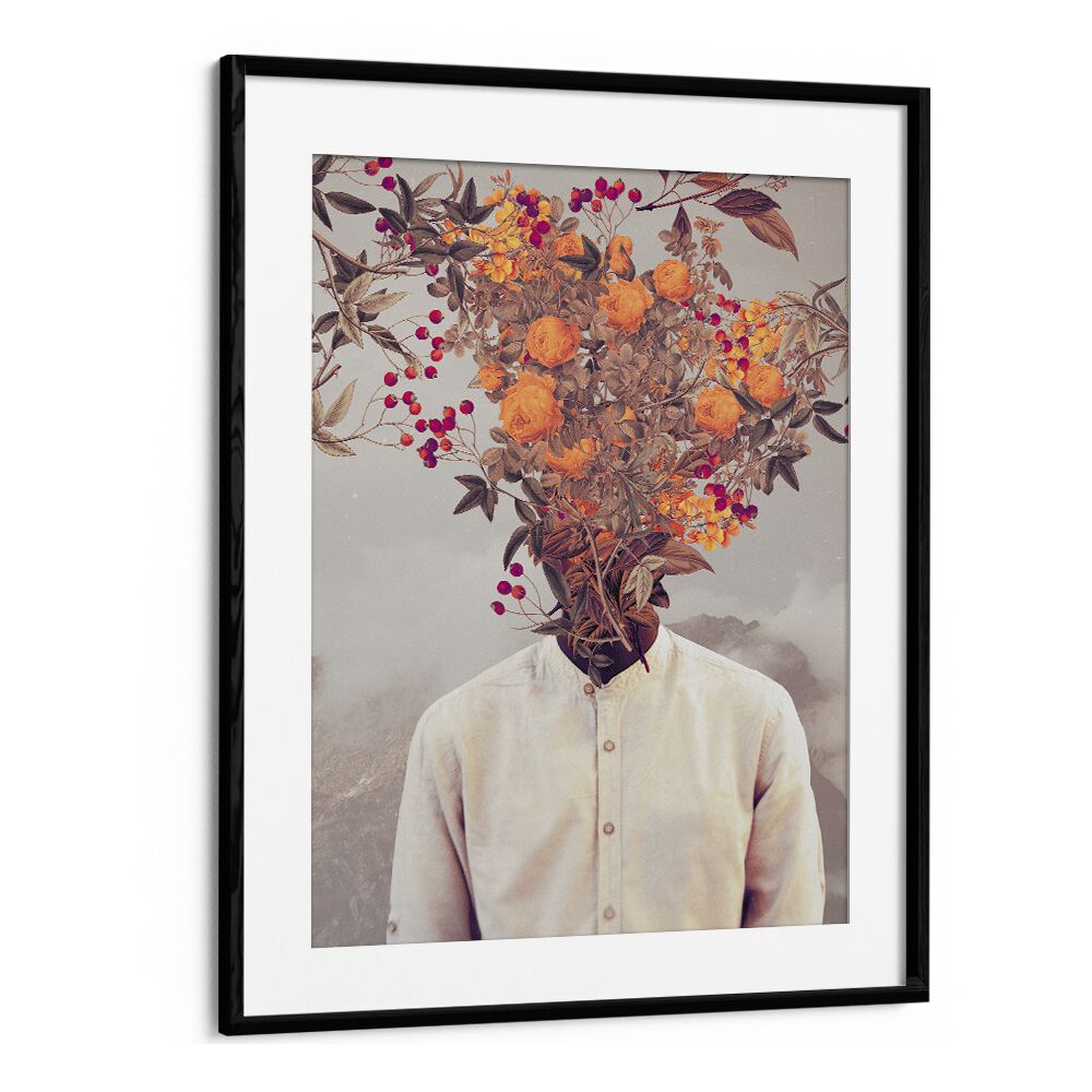 Beautifully framed "BRIGHT BLOOM, SURREAL ART PRINTS" by Frank Moth, showcasing a floral headpiece in surrealism.