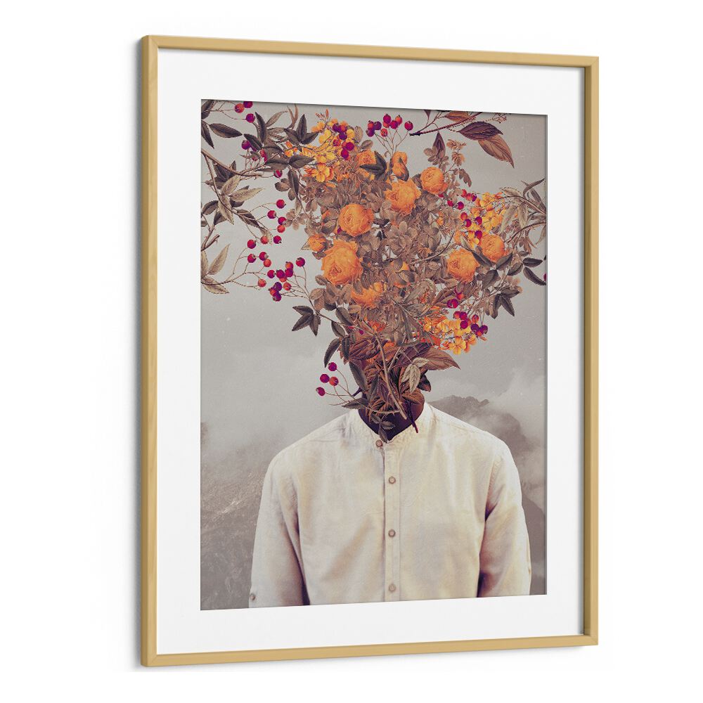 Bright Bloom, Surreal Art Prints by Frank Moth, features a stunning floral headpiece in a stylish oak frame.