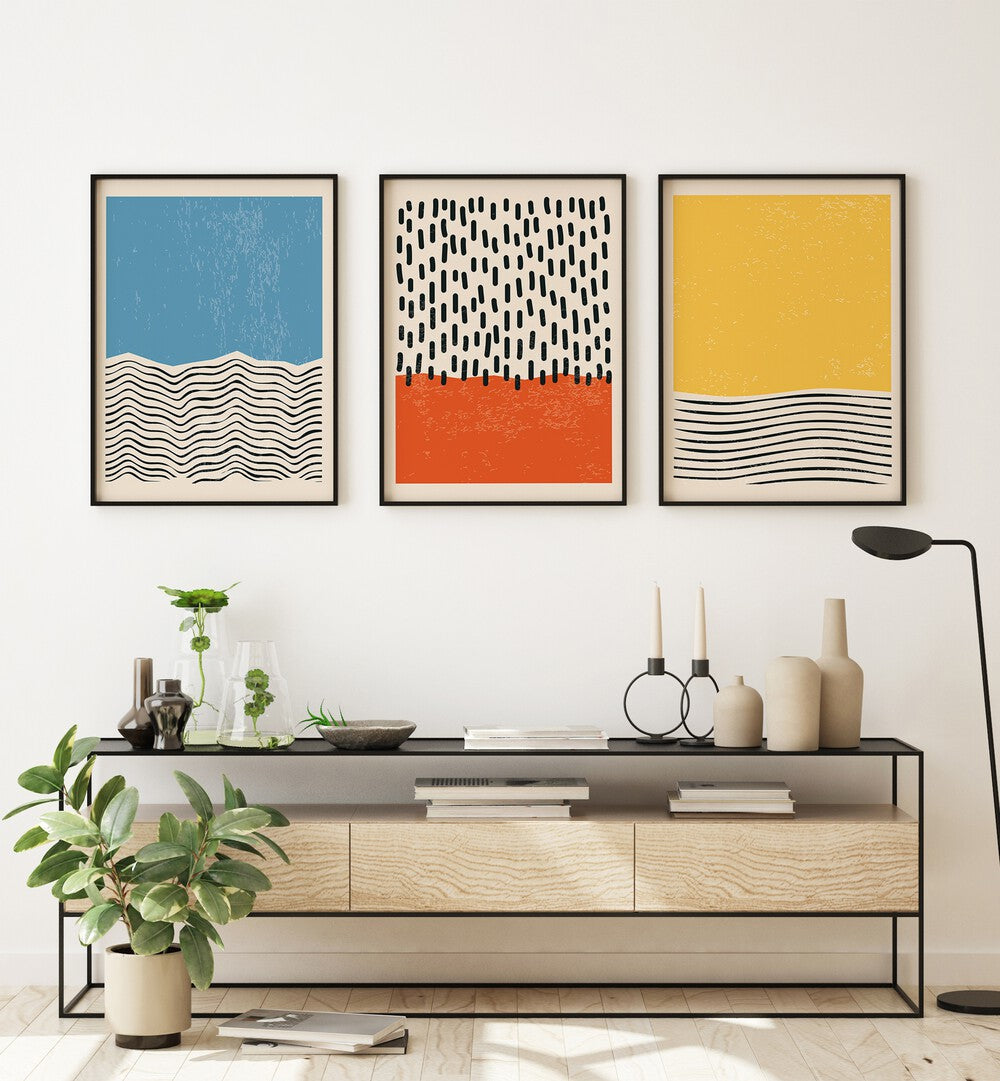Bright Minimal Set I, set of 3 paintings by Asian Monk, featuring vibrant colors to elevate your space's modern aesthetic.