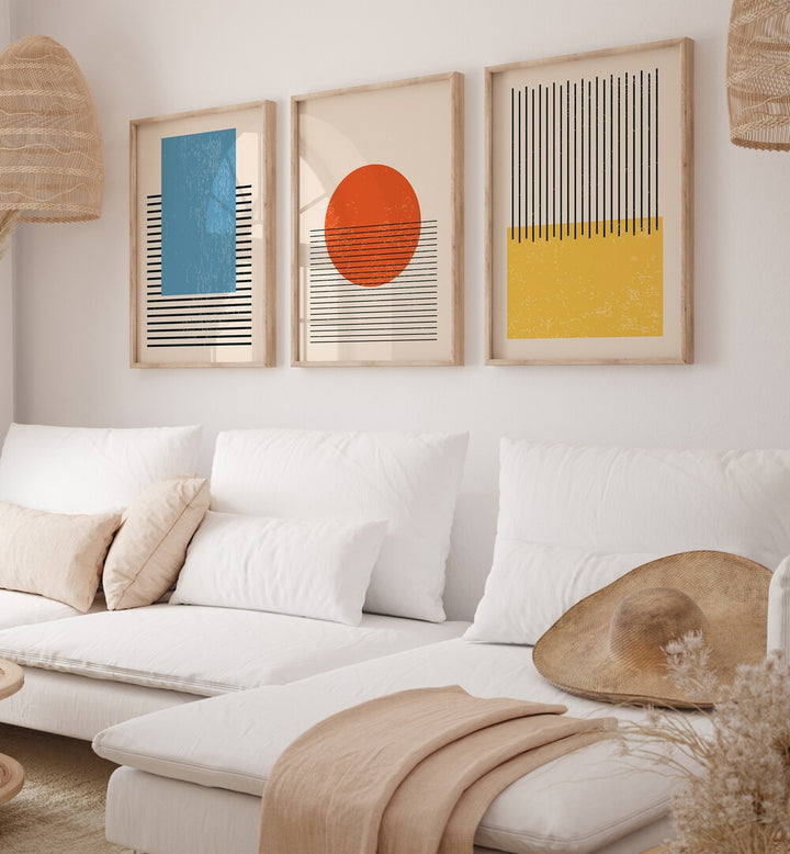 Bright MINIMAL SET II, SET OF 3 PAINTINGS, showcasing geometric designs, available exclusively at Asian Monk.