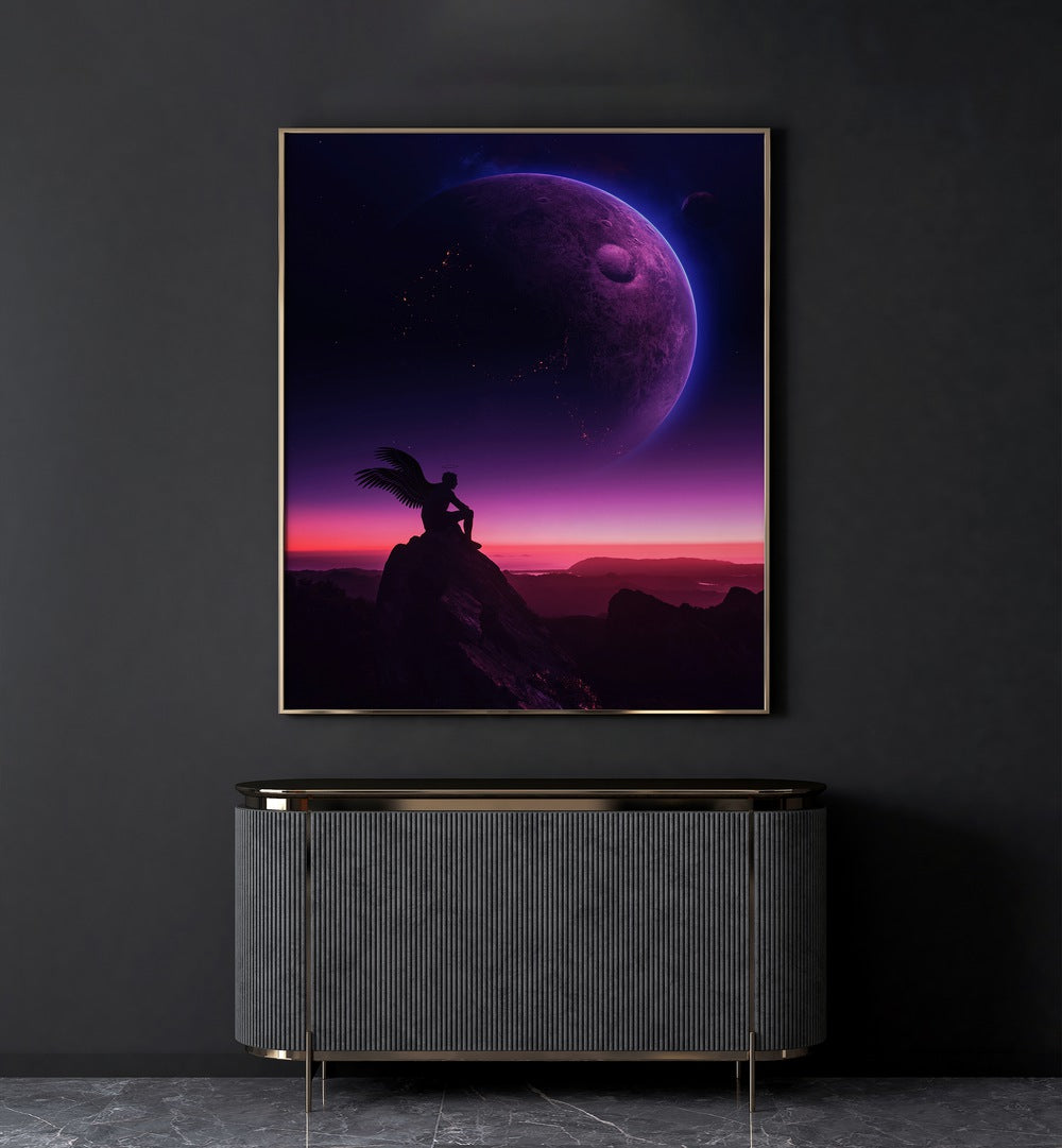 "Explore BROKEN ANGEL, SURREAL ART PRINTS by Ritvik Takkar, showcasing a dreamy cosmic landscape and captivating figure."