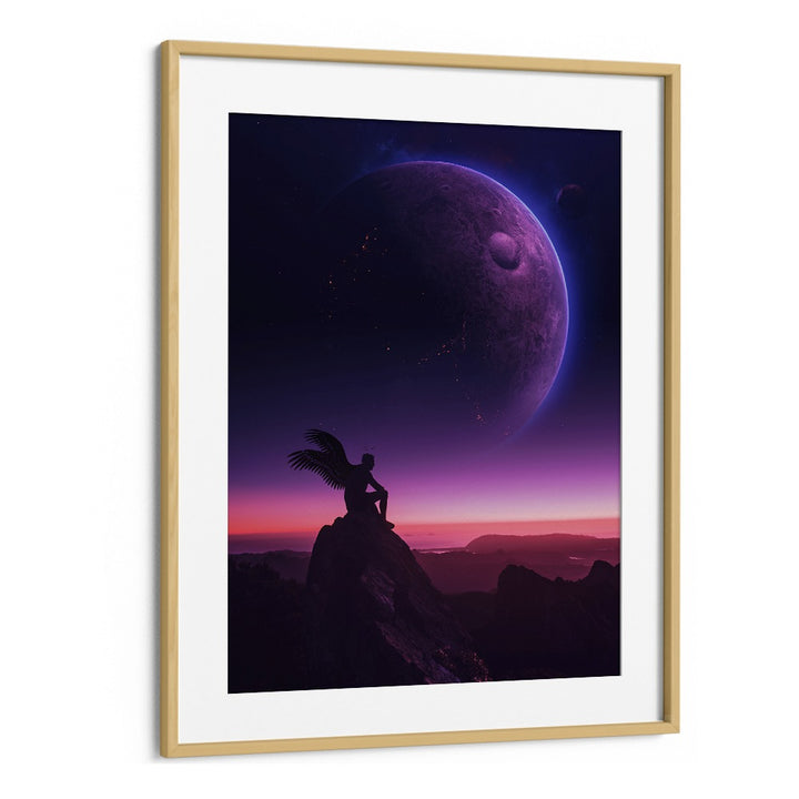 Captivating BROKEN ANGEL, SURREAL ART PRINTS by Ritvik Takkar, framed with a cosmic backdrop and vivid colors.