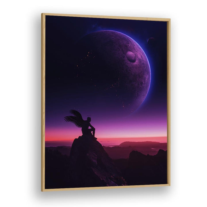 "BROKEN ANGEL, SURREAL ART PRINTS by Ritvik Takkar features a celestial scene with an angelic figure on a mountain."