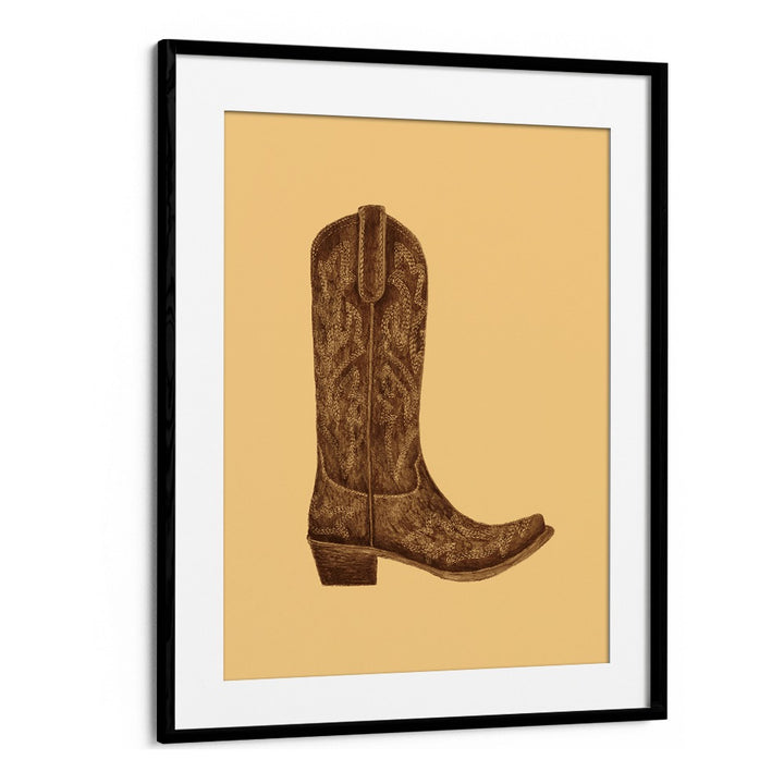 Stylish brown cowgirl boot fashion poster in a sleek black frame, perfect for any western-themed decor.