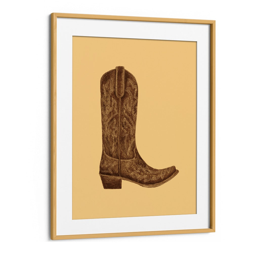 Brown cowgirl boot fashion poster in oak frame, perfect for adding a stylish touch to your decor. Shop now!