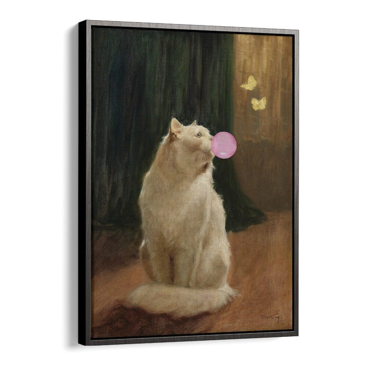 Whimsical Bubble Gum and Cat, Altered Art Prints showcasing a playful cat blowing bubble gum in a charming frame.