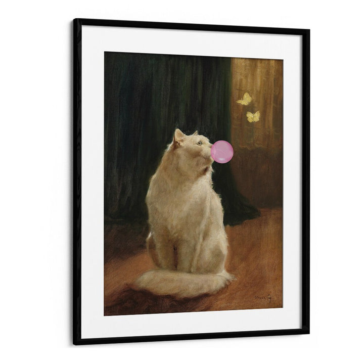 Whimsical BUBBLE GUM AND CAT, ALTERED ART PRINTS featuring a cat blowing bubble gum in a charming setting.