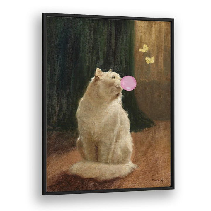 Whimsical BUBBLE GUM AND CAT, ALTERED ART PRINTS featuring a cat blowing bubble gum in a framed art piece.