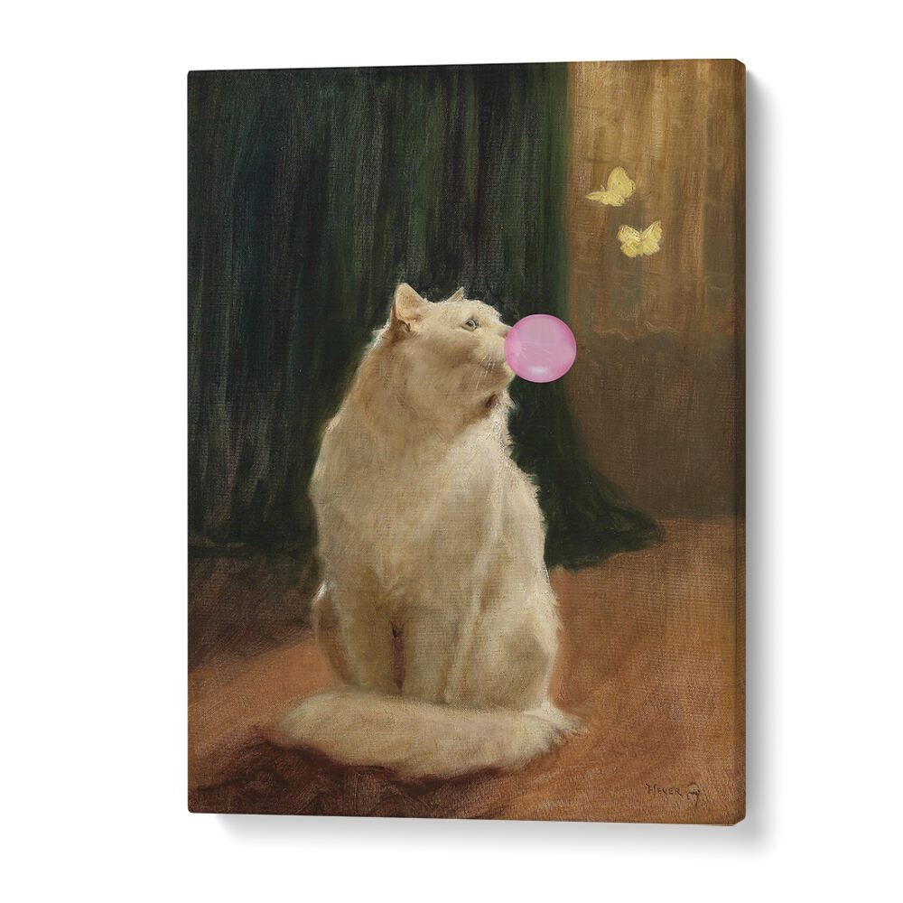 Whimsical BUBBLE GUM AND CAT, ALTERED ART PRINTS featuring a cat blowing bubble gum, perfect for any art lover.