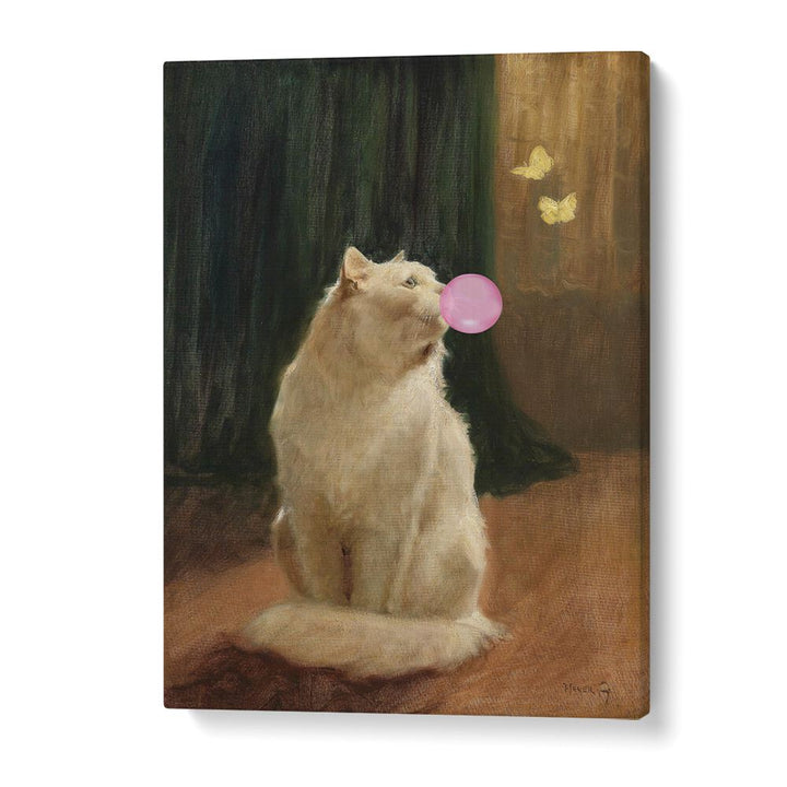 Whimsical BUBBLE GUM AND CAT, ALTERED ART PRINTS featuring a cat blowing bubble gum, perfect for any art lover.