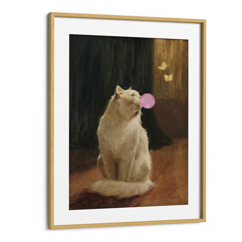 Whimsical BUBBLE GUM AND CAT, ALTERED ART PRINTS featuring a cat blowing bubble gum in a charming oak frame.