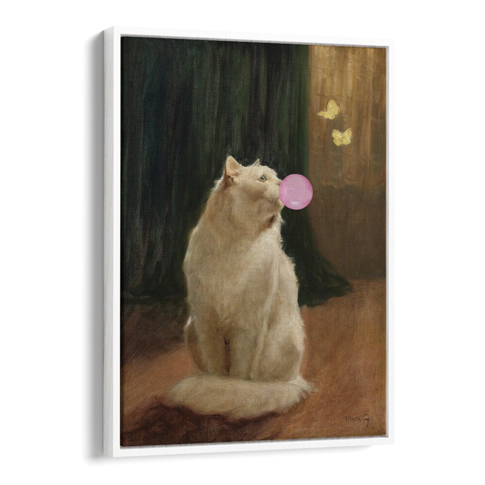 Whimsical altered art print featuring a cat blowing bubble gum, perfect for cat lovers. BUBBLE GUM AND CAT, ALTERED ART PRINTS.