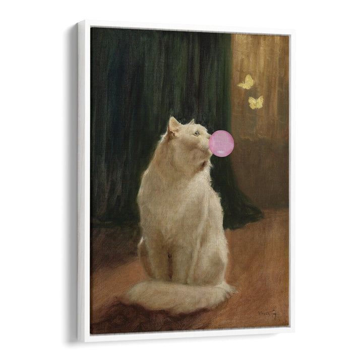 Whimsical altered art print featuring a cat blowing bubble gum, perfect for cat lovers. BUBBLE GUM AND CAT, ALTERED ART PRINTS.