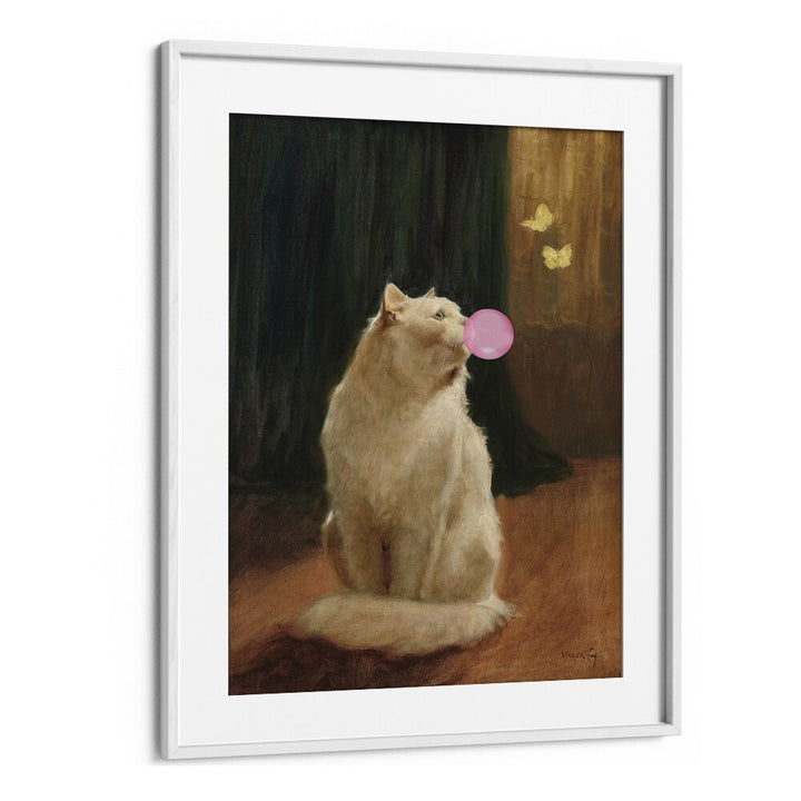 Whimsical BUBBLE GUM AND CAT, ALTERED ART PRINTS featuring a cat blowing bubble gum in a charming frame.
