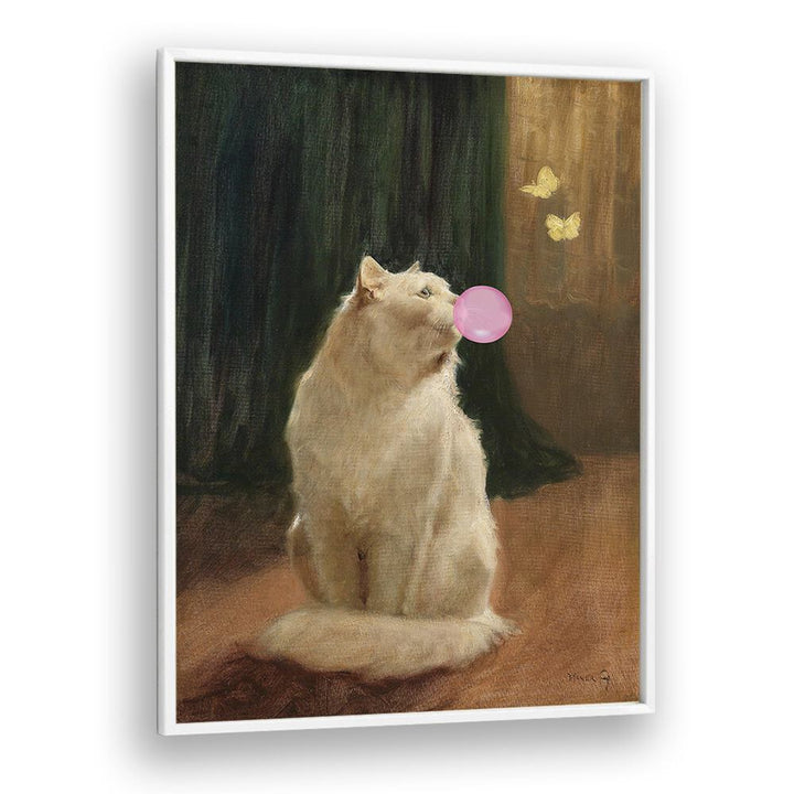 Whimsical BUBBLE GUM AND CAT, ALTERED ART PRINTS featuring a playful cat with bubble gum in a stylish frame.