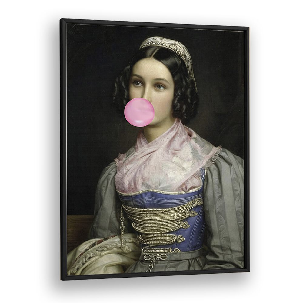 Bubble Gum Portrait, altered art prints by The Art Concept, features a woman blowing bubble gum in a striking frame.