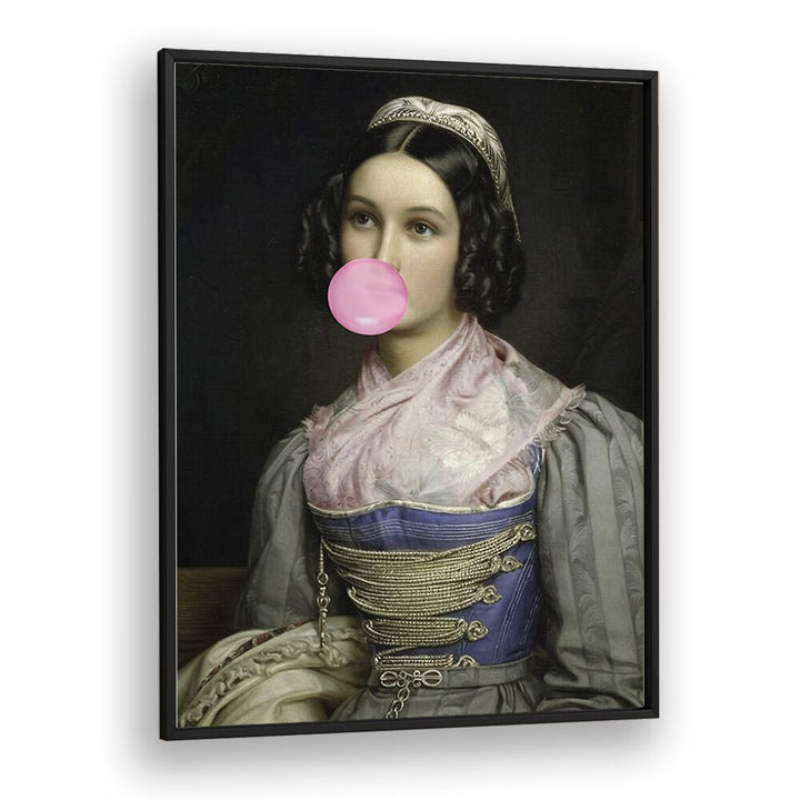 Bubble Gum Portrait, altered art prints by The Art Concept, features a woman blowing bubble gum in a striking frame.