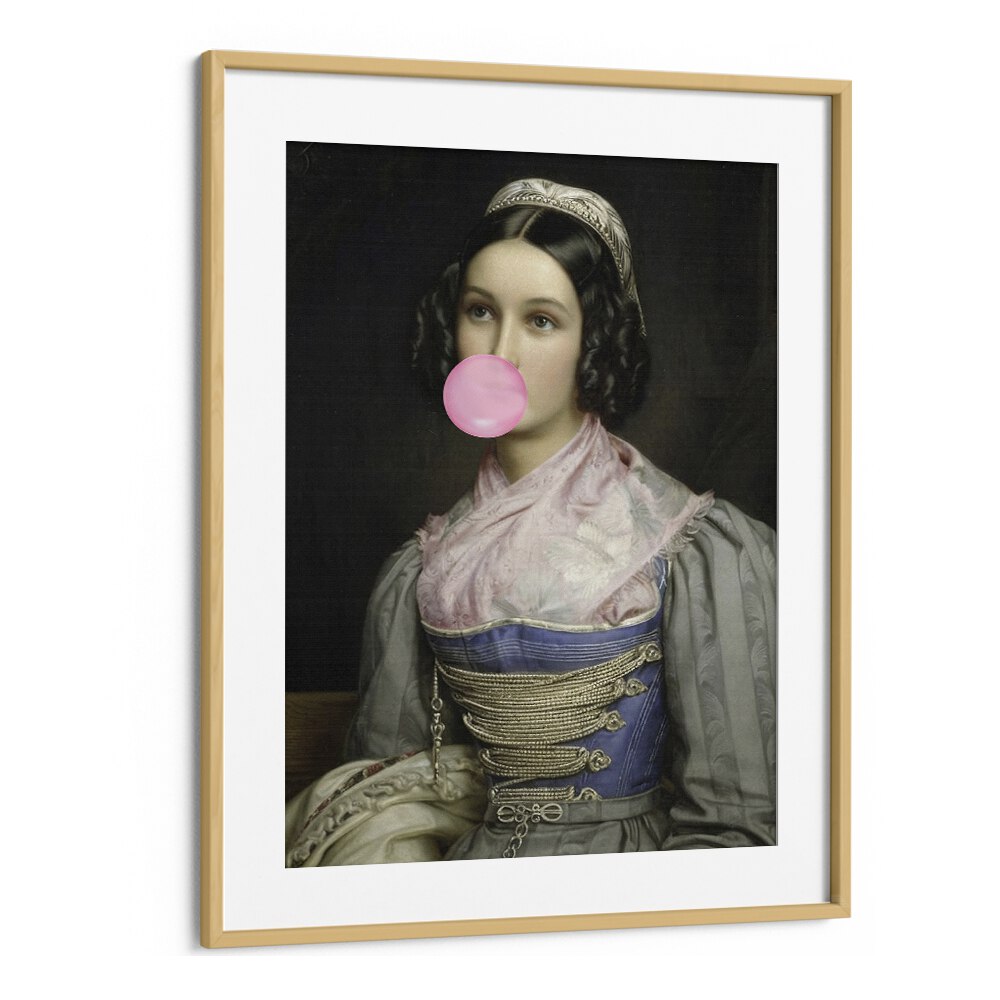 Elevate your decor with the BUBBLE GUM PORTRAIT, ALTERED ART PRINTS by The Art Concept in a chic oak frame.