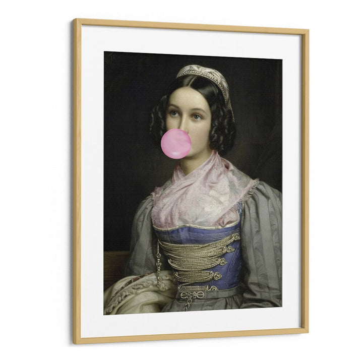 Elevate your decor with the BUBBLE GUM PORTRAIT, ALTERED ART PRINTS by The Art Concept in a chic oak frame.