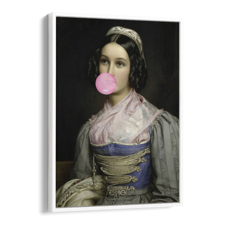 Bubble Gum Portrait, altered art prints by The Art Concept, features a woman blowing bubble gum in elegant attire.