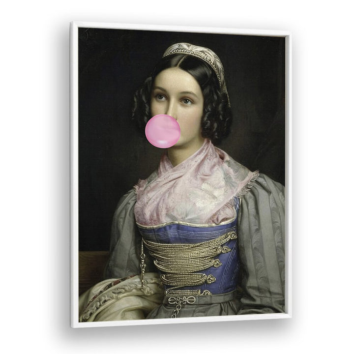 Bubble Gum Portrait, Altered Art Prints by The Art Concept, featuring a vintage-style woman with a bubblegum bubble.