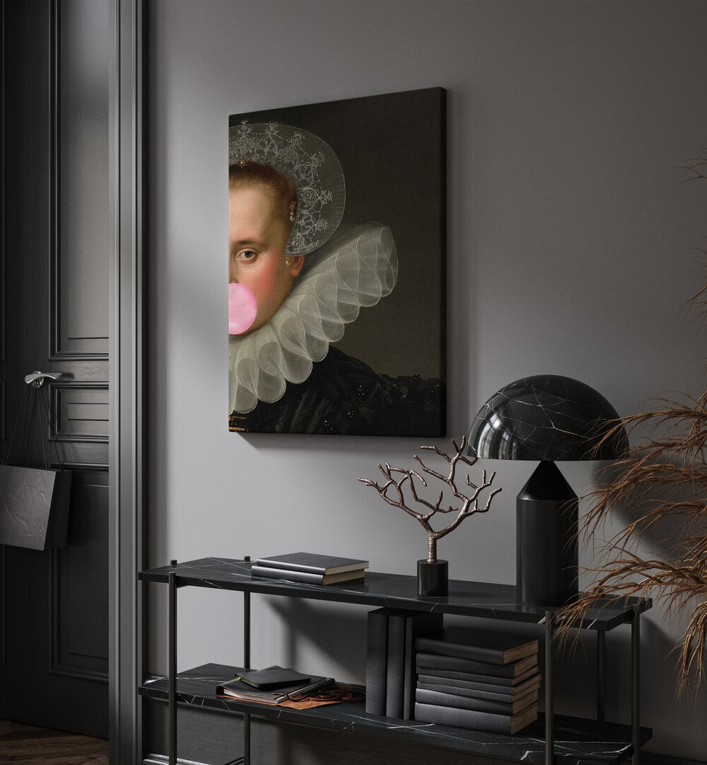 BUBBLE GUM QUEEN, ALTERED ART PRINTS showcases a modern twist on classic art, perfect for stylish decor.