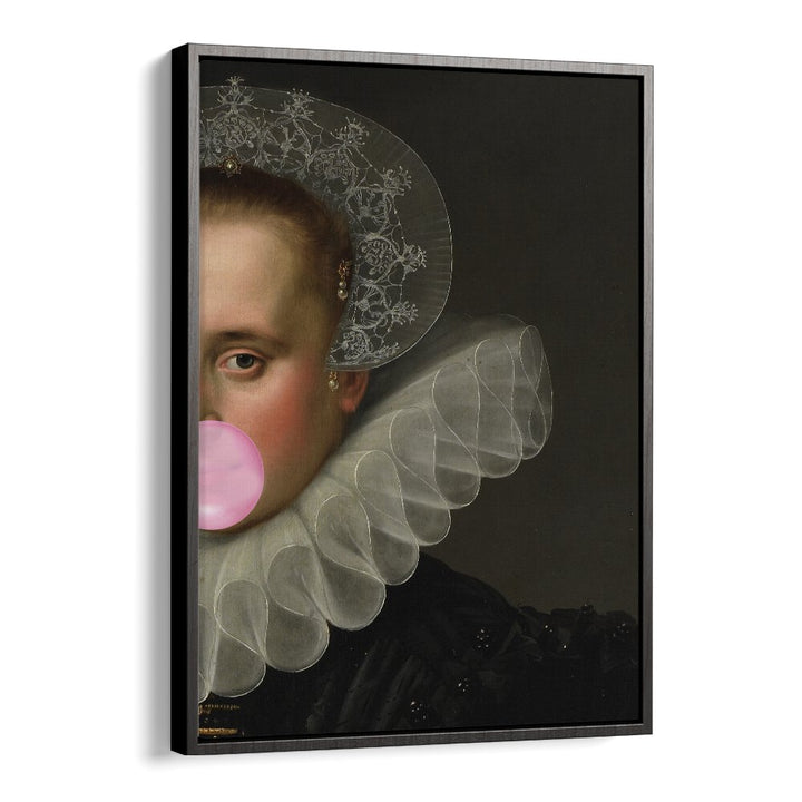 Captivating BUBBLE GUM QUEEN, ALTERED ART PRINTS in a sleek black floater frame, showcasing modern artistic brilliance.