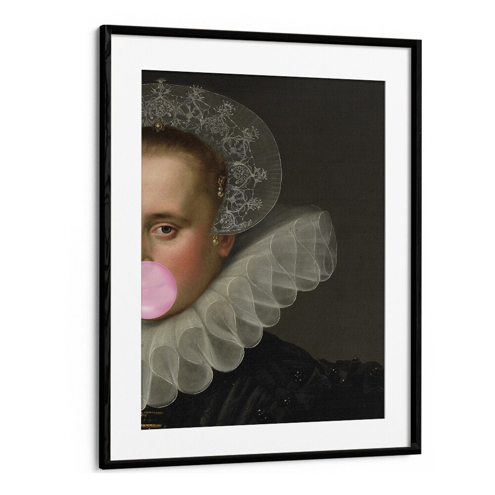 BUBBLE GUM QUEEN, ALTERED ART PRINTS showcases a striking portrait with vibrant pink bubble gum, enhancing modern art aesthetics.