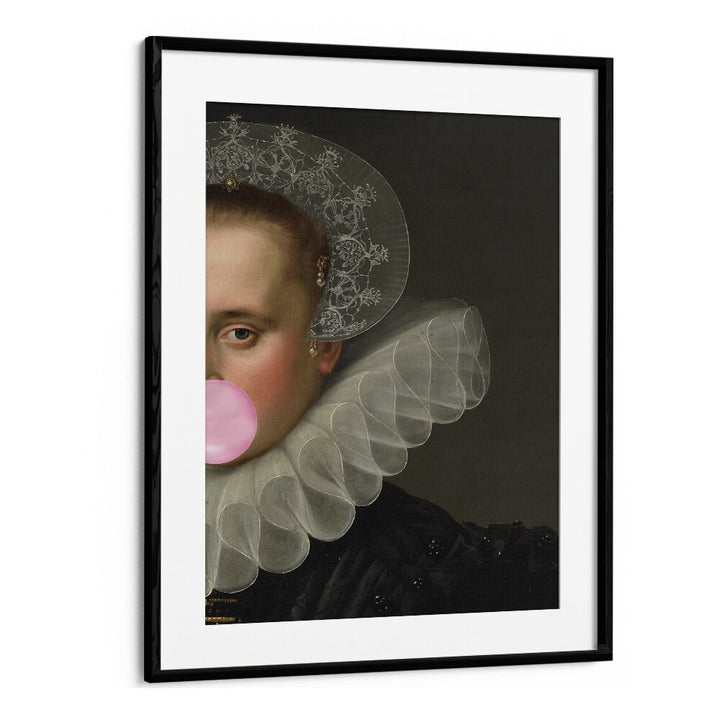 BUBBLE GUM QUEEN, ALTERED ART PRINTS showcases a striking portrait with vibrant pink bubble gum, enhancing modern art aesthetics.
