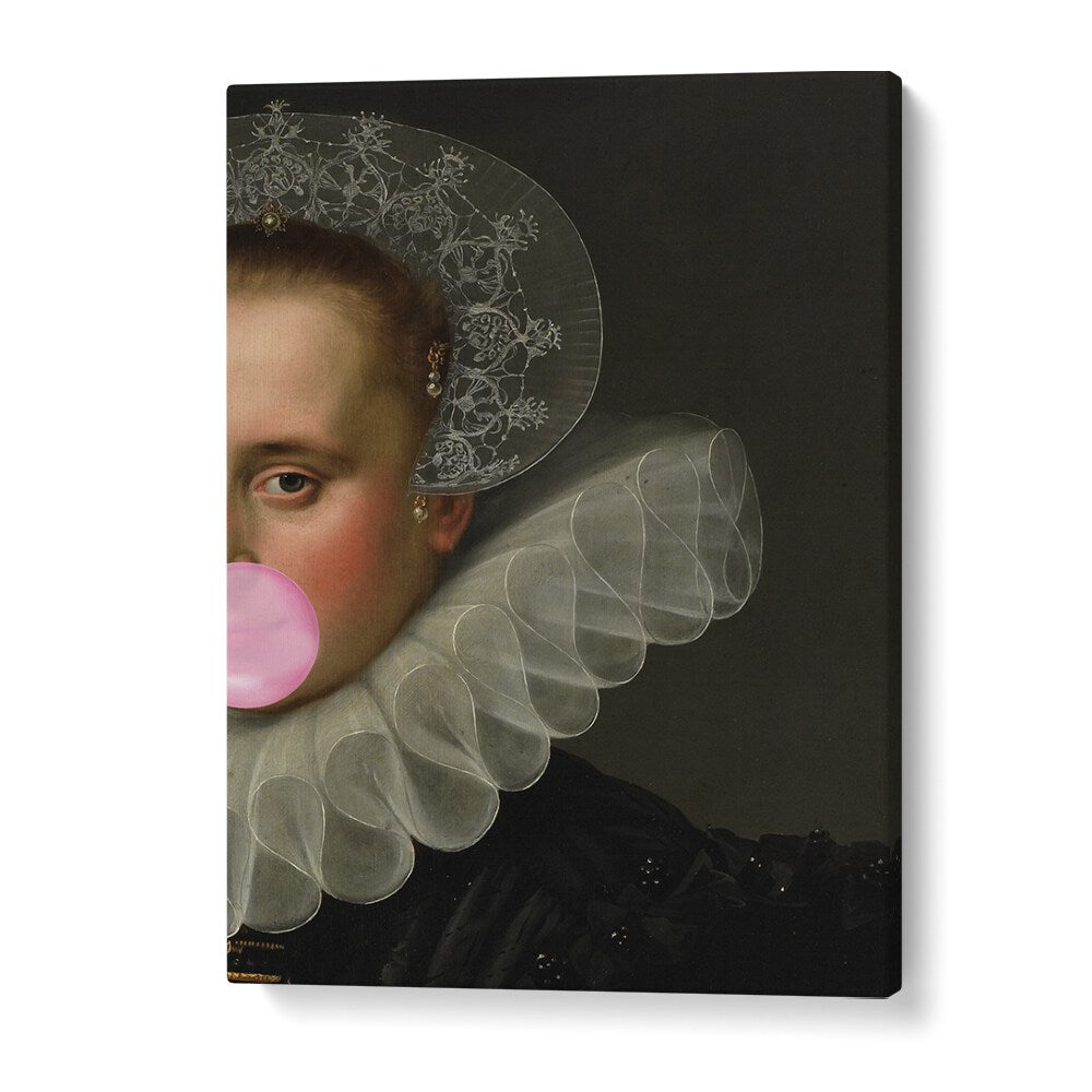 BUBBLE GUM QUEEN, ALTERED ART PRINTS showcase a unique blend of classic and modern art on premium canvas.