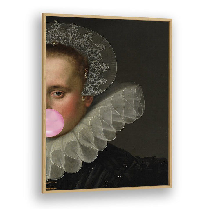 BUBBLE GUM QUEEN, ALTERED ART PRINTS showcases a modern twist on classic art in an oak wood frame.