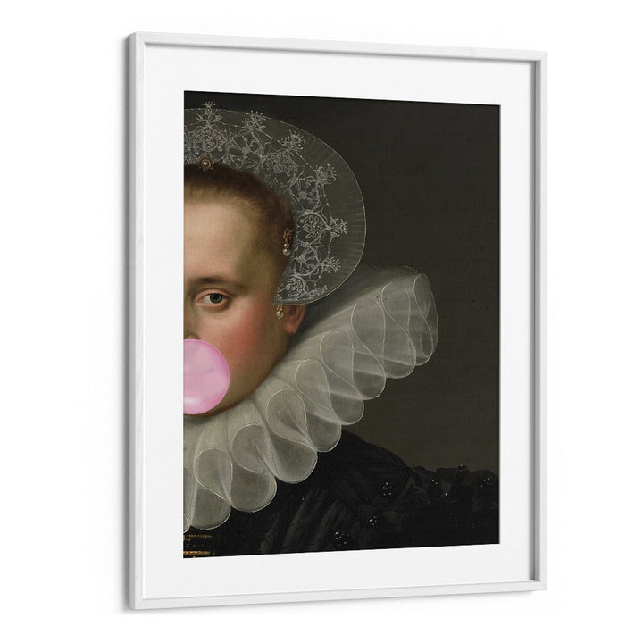 BUBBLE GUM QUEEN, ALTERED ART PRINTS features a striking portrait with a pink bubble, perfect for modern decor.