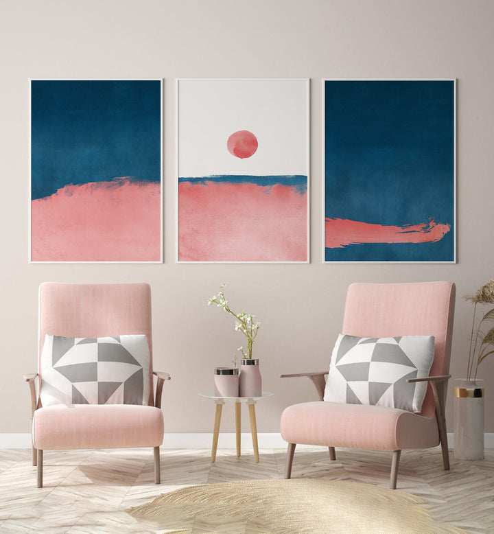 Transform your space with the BUBBLEGUM MIST SET, SET OF 3 PAINTINGS featuring vibrant pink and navy designs.
