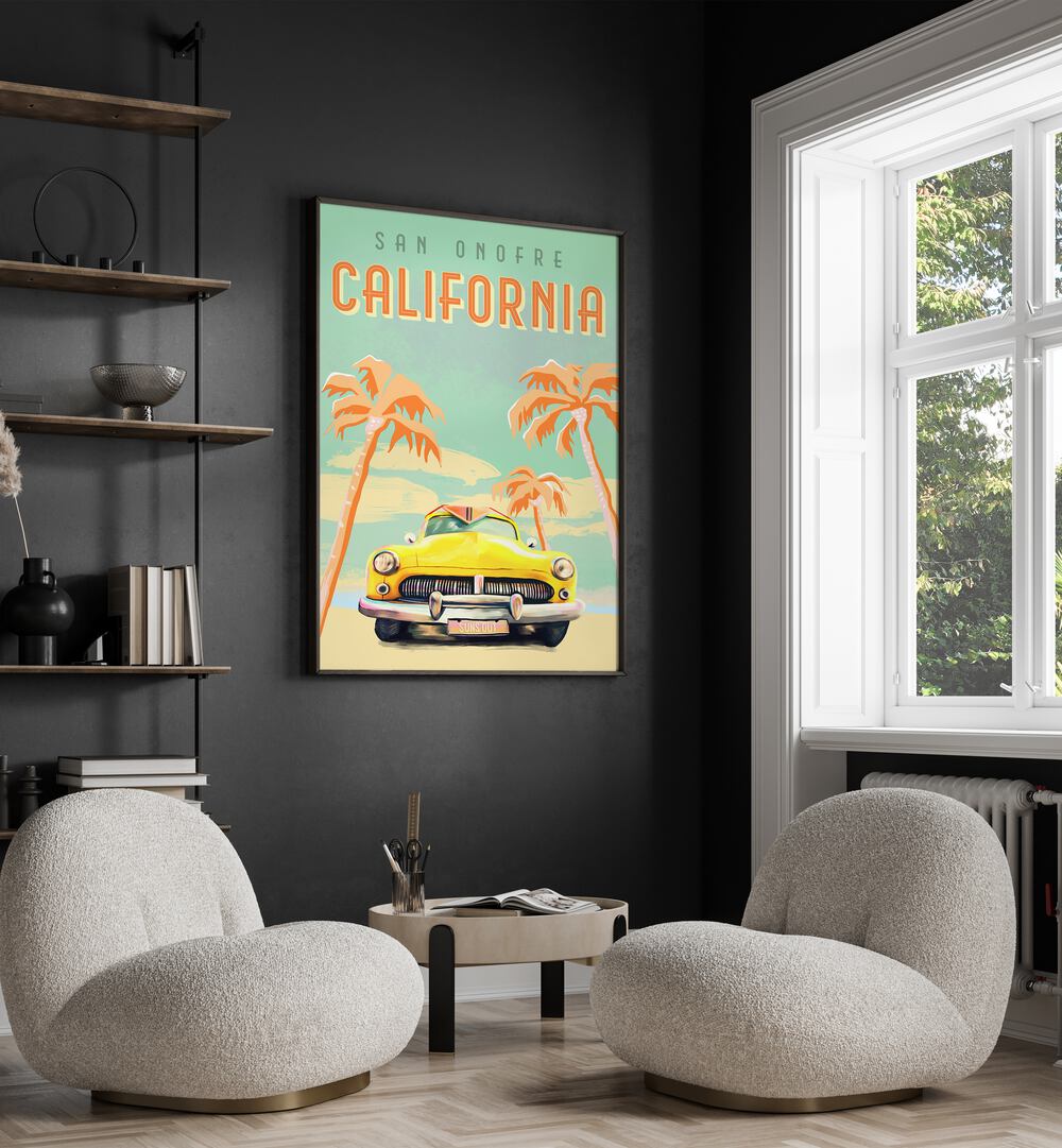 California Surf, Travel Posters showcase vibrant art of a classic car and palm trees, perfect for beach lovers.