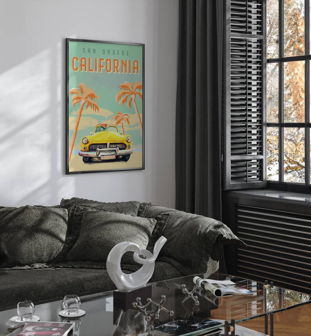 California Surf, Travel Posters showcase vibrant art of vintage cars and palm trees, evoking beach adventures.