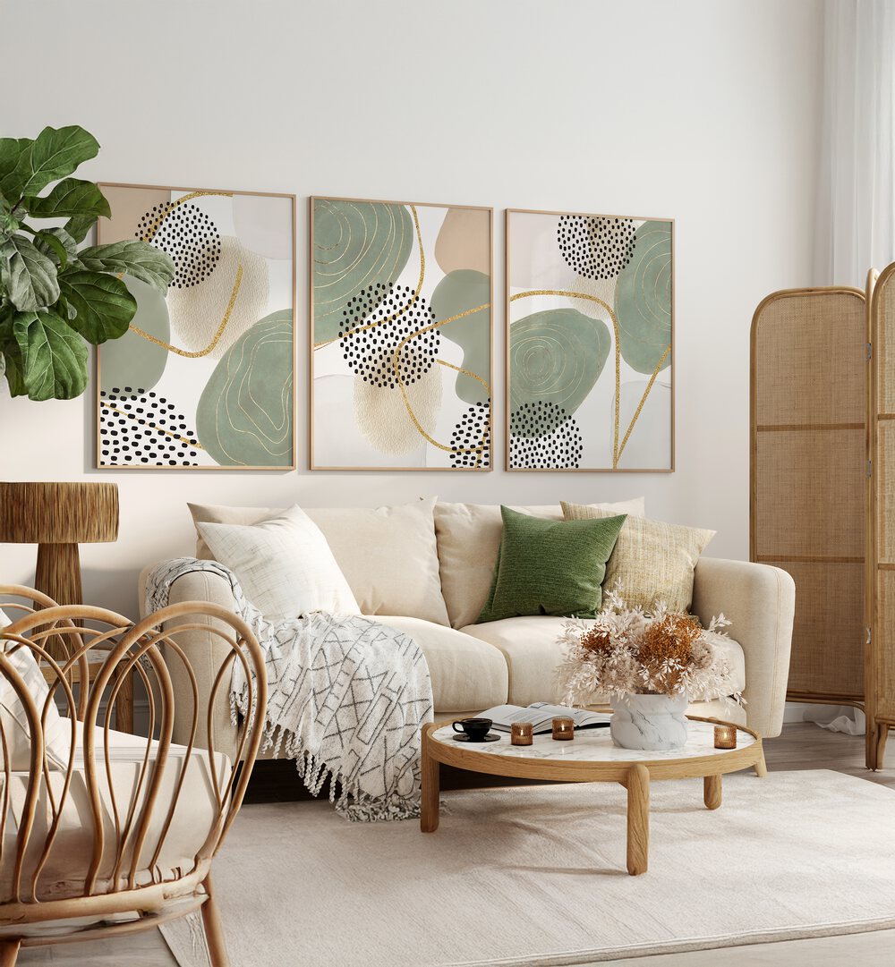 Transform your space with the CALM GREENS SET, SET OF 3 PAINTINGS, featuring serene and stylish designs.