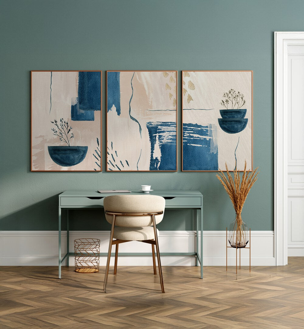 Enhance your decor with the CALMING BLUES SET, SET OF 3 PAINTINGS featuring serene blue tones for a tranquil space.